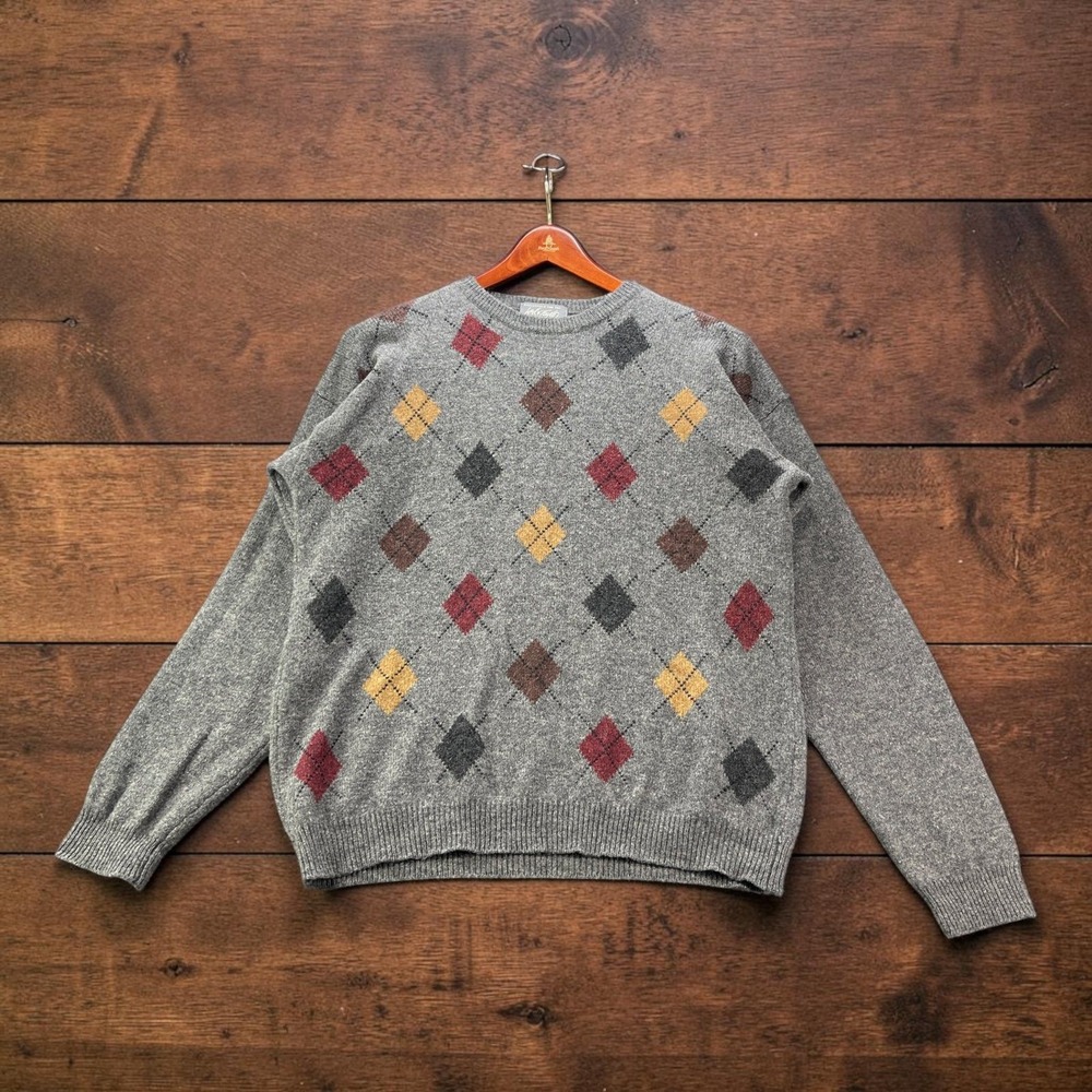 Vintage Lord & Taylor Mens Lambswool Argyle Crewneck Sweater Grey XL Hong Kong